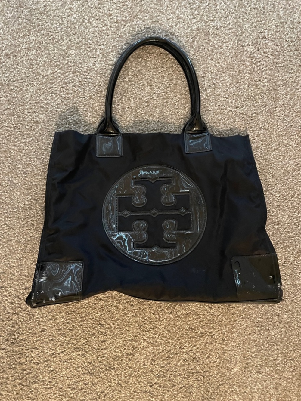 Tory Burch Black Nylon Tote with Patent Logo Emblem